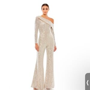 Mac Duggal One-Shoulder Sequin Jumpsuit in Silver
